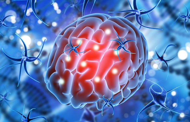 3D medical background with brain being attacked by virus cells